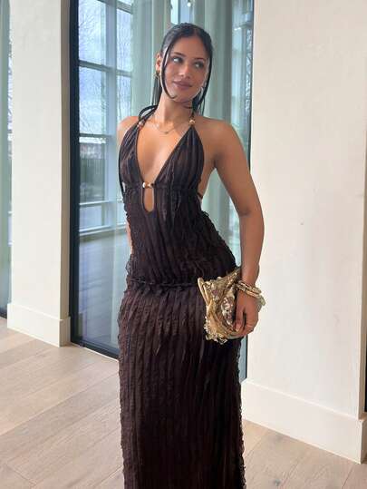 LHSEPT 女款夏季新款黄色性感深V领长包黄色流苏面料连衣裙，琥珀色串珠装饰设计，适合海滩度假