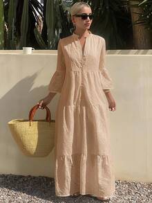 Livesso Summer New Loose Casual Vacation Style Women Mid-Length Dress - Apricot - View 3