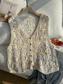 Comfortcana Plus Size Women Contrast Color Hollow Out Single-Breasted Knit Cardigan Vest - Multicolor - View 3