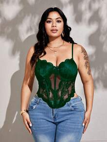 Viva Relle Plus Size Sexy Everyday Wear Underwire Fishbone Lace Mesh Patchwork Bow Camisole - Dark Green - View 6