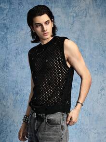 ROMWE MEN Áo vest nam cổ tròn đính sequin khoét lỗ - màu đen - Xem 6