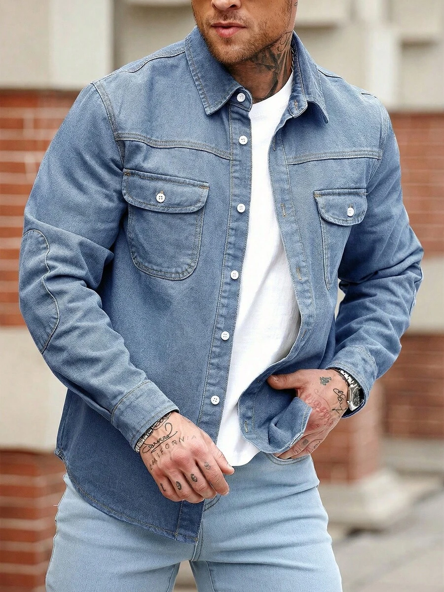 Manfinity Homme Áo khoác denim nam dáng ôm màu xanh quân đội, phong cách thường ngày. - Rửa nhẹ - Xem 1