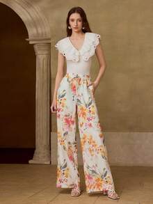 MOTF PREMIUM WOMEN'S LINEN PRINTED PANTS, AUTUMN TEA PARTY WHITE FLORAL ELEGANT - Light Yellow - View 2