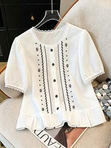 Franclia 白色花卉刺绣轻薄夏季休闲短袖衬衫，女士款，适合日常、度假和通勤穿着。 - 白色 - 查看 4