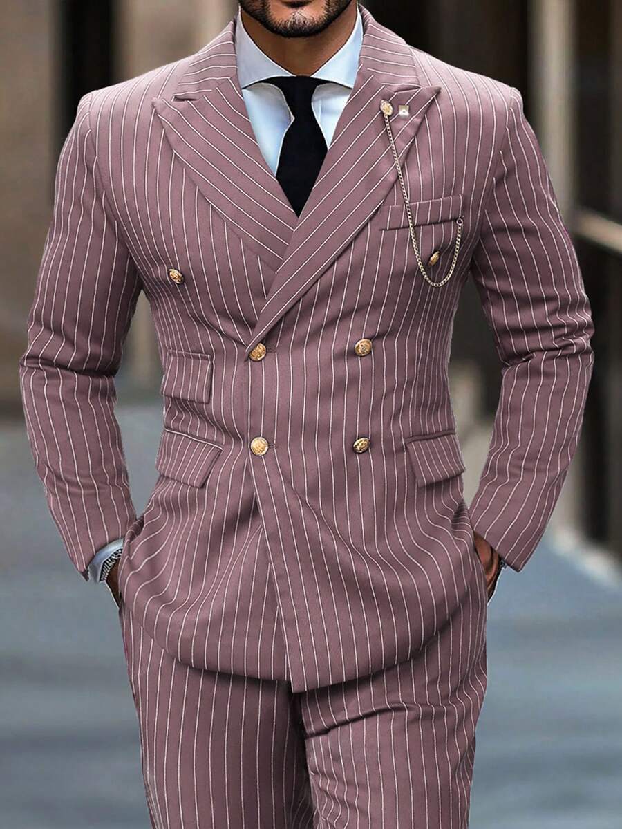 Manfinity Mode Men's Fashion Striped Double-Breasted Lapel Suit Set, Formal, Ceremony - Dusty Pink - View 1