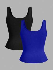 Slaydiva 3pcs/Pack Black + White Casual Basic Racerback Sleeveless Deep V-Neck Ribbed Tank Tops For Women - Multicolor - View 2