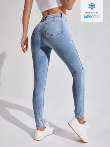 SHEIN SXY 休闲水洗高腰修身牛仔裤 - 藍色 - 查看 2