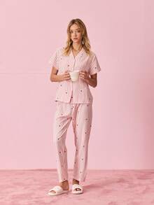 Bộ đồ ngủ ngắn tay in hình trái tim kẻ sọc dành cho nữ - Hồng - Xem 5