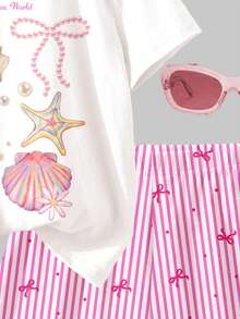 SHEIN Bộ đồ 2 món cho bé gái gồm áo thun ngắn tay cổ tròn in chữ và vỏ sò, kiểu dáng tối giản, phù hợp cho mặc hàng ngày mùa xuân/hè, phong cách đường phố, đi nghỉ mát, đi nông trại, lễ hội. - Nhiều màu - Xem 6