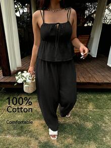 Comfortcana Plus Size 2 Pieces Set: Linen Ruffle Camisole And Wide Leg Pants, Casual Vacation Style, Spring/Summer, Comfortable Cotton Camisole And Long Pants 2 Pieces Set, Cotton 2 Pieces Set, Summer Clothing - Black - View 2
