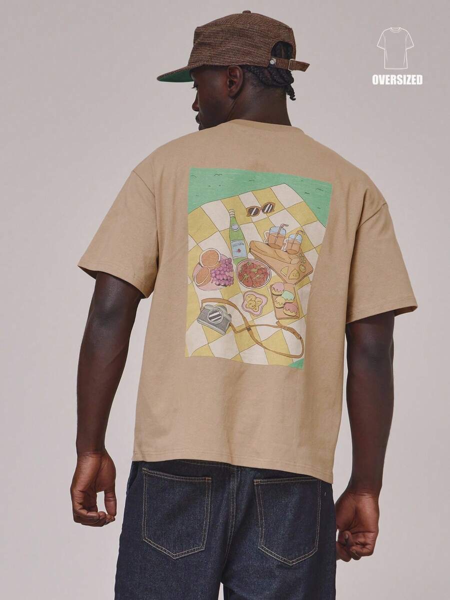 Musero Camiseta de manga corta con cuello redondo y hombros caídos, con gran estampado gráfico en la espalda, esencial para primavera y verano, ideal para vacaciones - Marrón - View 1
