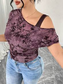 Modelyn Women's Jacquard Asymmetric Shoulder Casual Short Sleeve Plus Size T-Shirt - Multicolor - View 7