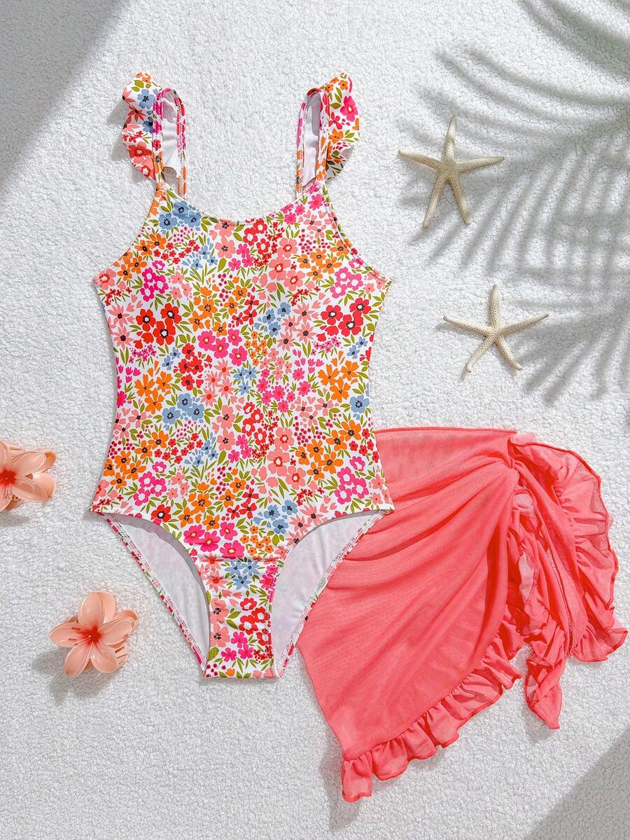 SHEIN Bộ đồ bơi liền thân gợi cảm, sành điệu dành cho bé gái tuổi teen, thiết kế dây đeo và chân váy họa tiết hoa, in hình sinh vật biển, thích hợp cho kỳ nghỉ, bơi lội và đi biển mùa hè. - Nhiều màu - Xem 1
