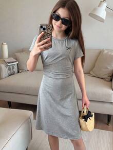 1 pieza Vestido largo para niñas, estilo fresco y dulce, diseño casual recto, estructura no esponjosa, adecuado para salidas y reuniones de primavera/verano - Gris - Ver 1