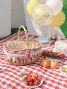 Multicolor Handwoven Storage Basket - Natural Wicker Fruit & Vegetable Bin - Rustic-Style Wicker Picnic Basket (With Lid, Handle, And Liner) - Ideal For Picnics, Parties, And BBQ Gatherings - Multicolor - View 9