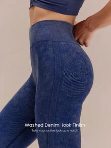 GLOWMODE 24英寸超细柔软无缝高腰仿牛仔水洗紧身裤，适合训练、跑步、健身、运动等场合穿着 - Dark Blue - 查看 3