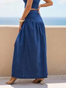 Breezaya Women's Elastic Waist Metal Decor Slit Hem Fashion Denim Skirt Holiday Vacation Light Blue Autumn - Blue - View 7