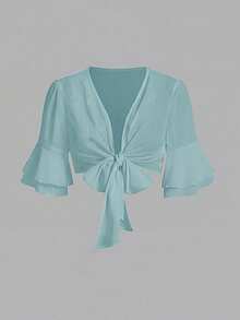 GlowEve Solid Color Flare Sleeve Tie Front Cropped Shirt - Baby Blue - View 6