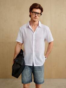 MENRIVO 白色亚麻度假风领短袖衬衫 - 白色 - 查看 1