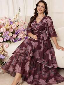 Modelyn Plus Size V-Neck Floral Print Ruched Waist Elegant Party Christening Guest Evening Formal Wedding Dress Burgundy Autumn Fall - Multicolor - View 3