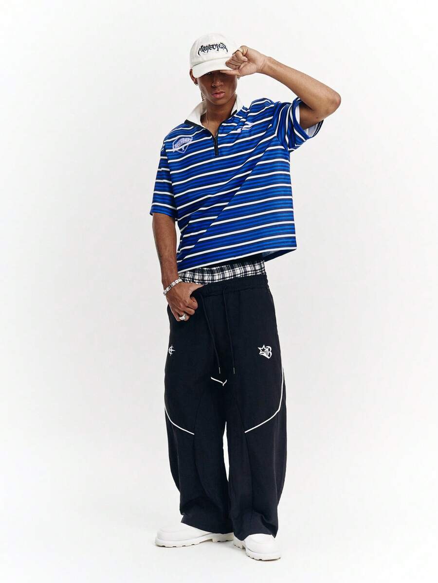 PAVTROS 男士休闲宽松印花黑色长裤，美式街头风，时尚单品 - 黑色 - 查看 1