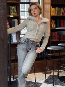 Bethéva Cárdigan corto ajustado con cuello de peluche y parches, camiseta de manga larga, otoño/invierno para mujer - Gris - Ver 4