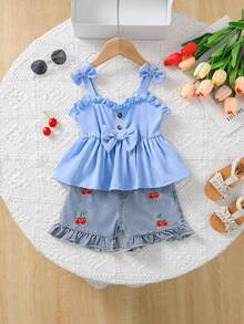 SHEIN Girlhood Core Young Girl' Casual Collegiate Style Red Camisole And Blue Washed Denim Shorts With Cherry Print 2-Piece Set - Multicolor - View 3
