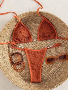 Swim Vcay Chocolate Brown Summer Halter Mesh Triangle Bikini For Women,Pearl Buckle Swimwear,Casual Tropical Vacation Holiday Beach Vacation Boat Trip Swimsuit - Burnt Orange - View 3