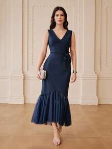ZEYLAH Robe moulante femme à imprimé floral avec encolure en V et taille cintrée, style patchwork queue de poisson - Bleu marine - Voir 4