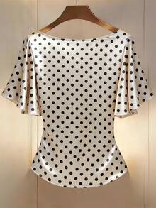 SHEIN Franclia 女士V领波点交叉腰带短袖衬衫 - 杏色 - 查看 2