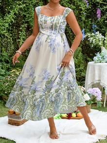 SHEIN Maternity White Summer Boho Flowy Floral Print Off Shoulder Elegant Dress For Holiday,Wedding Guest,Prom Party Vacation Outfits And Formal Events - Blue and White - View 6