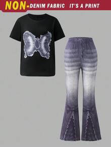 SHEIN 少女蝴蝶印花T恤和牛仔印花喇叭裤两件套 - 黑色 - 查看 5