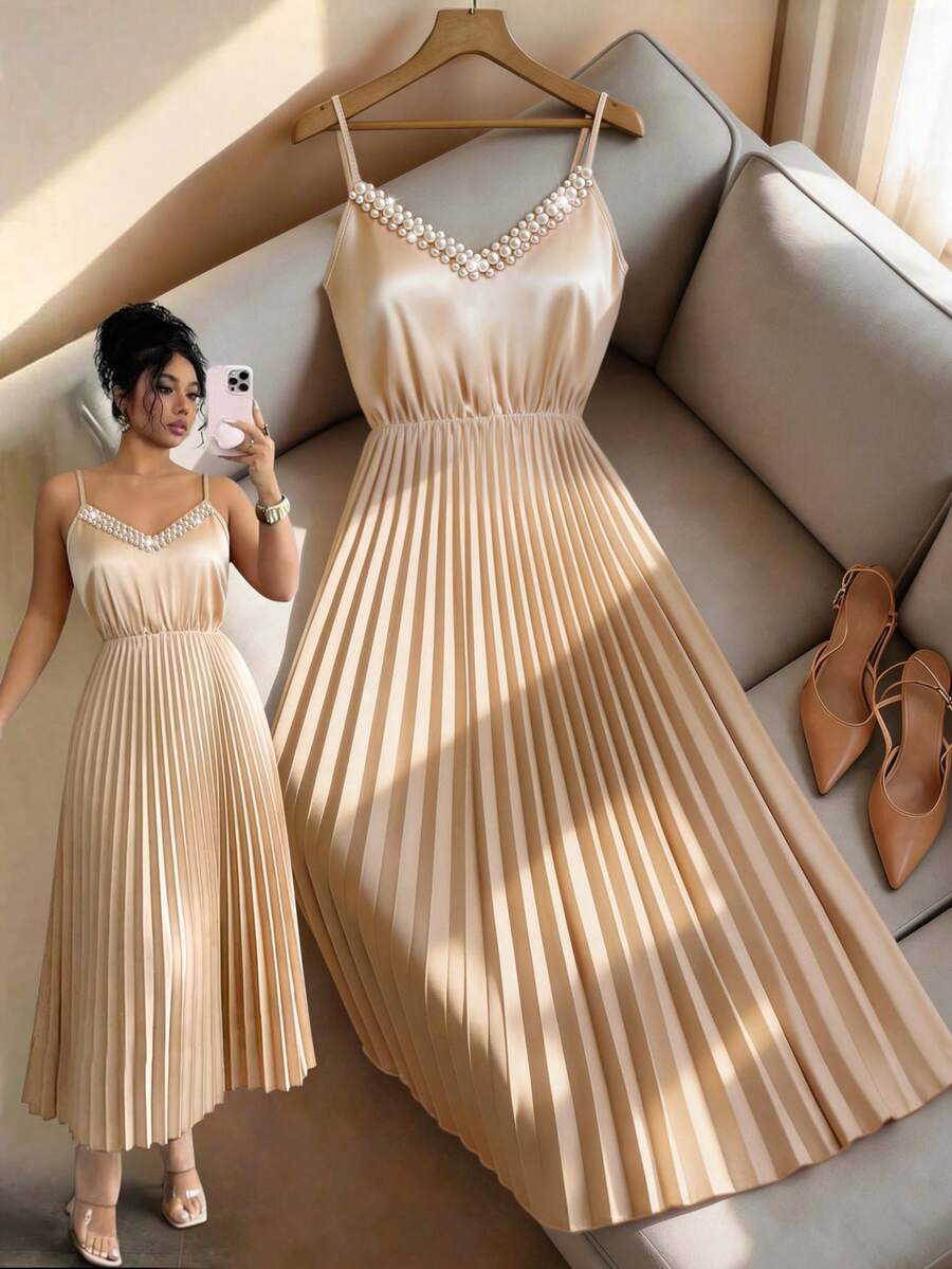 Franclia 性感V领串珠醋酸纤维腰部褶皱A字简约时尚连衣裙，女款 - 杏色 - 查看 1