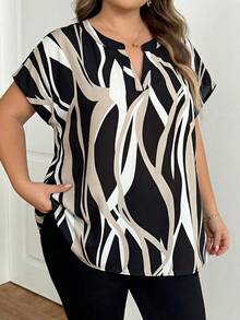 SHEIN CURVE+ 大码女式度假风印花V领短袖衬衫 - 黑色 - 查看 5