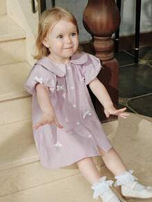Cozy Pixies Baby Girl Bowknot Decor Petal Sleeve Ruffle Dress - Purple - View 11
