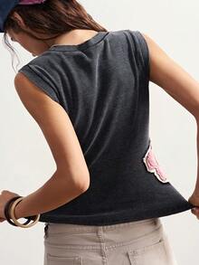 Bohemela Casual Knit Patchwork Round Neck Sleeveless Fitted Washed Tank Top For Women Everyday Grey Summer - Black - View 7