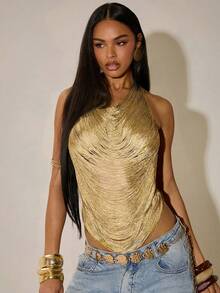 SHEIN BAE Avocado Green Openwork Draped Neck Tassel Blouse, Suitable For Beach Vacation, Holiday, Party, Date Night, Carnival,Summer Top - Khaki - View 3