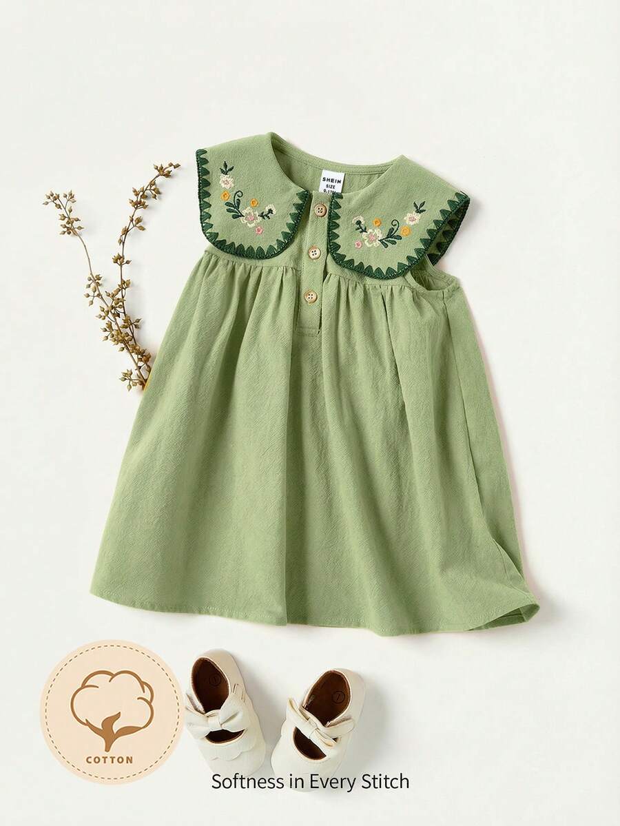 Cozy Pixies 女婴花卉刺绣图案藏青色翻领无袖半开襟连衣裙 - 彩色 - 查看 1