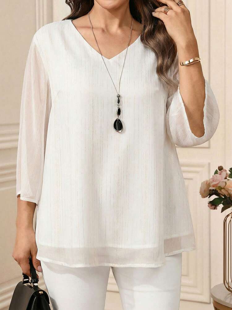 Plus Size Women's Elegant Casual V-Neck 3/4 Sleeve White Blouse, Spring/Summer,Plus Size Women's Summer Casual Vacation Elegant Casual V-Neck 3/4 Sleeve Solid Color Blouse Top Shirt, Spring/Summer/Elegant,Spring Break,Holiday,Going Out,2026 New,Simple And Fashionable For Everyday Wear,Suitable For Commute, Daily Wear, Chiffon Blouses For Women, Plus Size White Top,Gifts For Mother