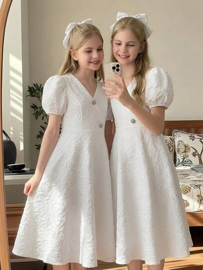SHEIN Đầm chữ A màu trắng thanh lịch dành cho bé gái tuổi teen, chất liệu jacquard, cổ chữ V, tay áo xếp nếp, eo thon.