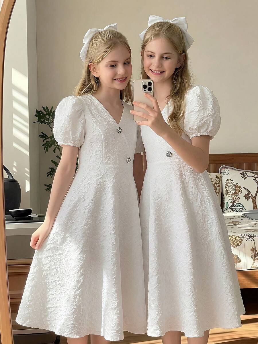 SHEIN Đầm chữ A màu trắng thanh lịch dành cho bé gái tuổi teen, chất liệu jacquard, cổ chữ V, tay áo xếp nếp, eo thon. - trắng - Xem 1