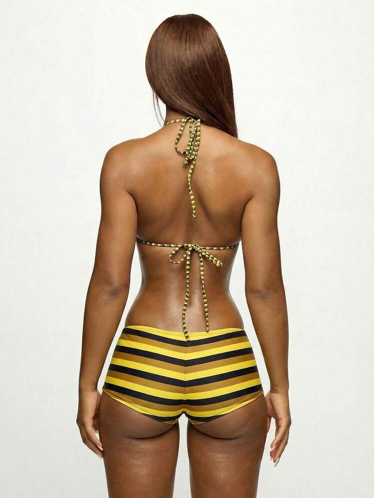 SUMWON WOMEN Yellow Black Striped Bikini Set Two Piece Halter Triangle Top Boy Short Bottom Summer Beach Swimwear