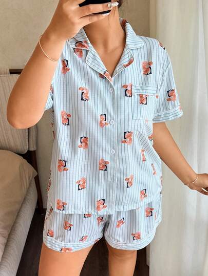 Napfluff CURVE Napfluff CURVE Blue Striped Good Night Teddy Bear Print Plus Size Women Open Front Collar Short Sleeve Shorts Casual Cute Pajama Set