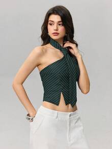 SHEIN MOD 女士条纹露背吊带休闲百搭日常上衣 - 墨綠色 - 查看 6