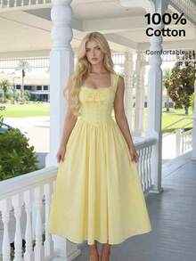 SHEIN MOD 黄色棉质纽扣饰边方领连衣裙 - 淡黃色 - 查看 4