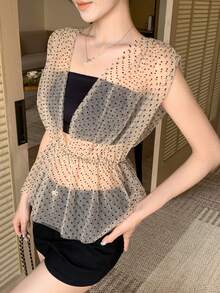 DAZY 女士V领无袖波点植绒腰部撞色织带优雅套头衫 - 米色 - 查看 5
