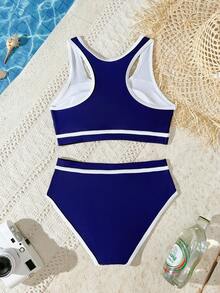 SHEIN Tween Girl Colorblock Simple Daily Swimwear Set - Navy Blue - View 2