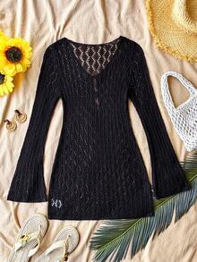 SHEIN TEENGIRL White Hollow V-Neck Beach Vacation Coverup, Versatile Holiday Essential,Kids - Black - View 2