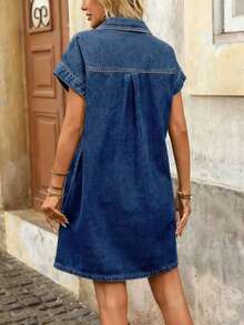 Breezaya Denim Collared Dress For Women, Fashionable Distressed Look, Flattering - Dark Wash - View 2