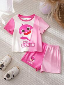 BABY SHARK X SHEIN Bộ áo thun ngắn tay in hình hoạt hình cho bé gái - Hồng - Xem 3